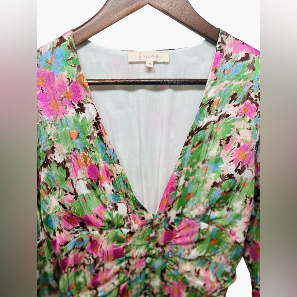Fanco Watercolor Floral Button Up Long Sleeve Mini Dress Ruched Flare Medium - Picture 4 of 10